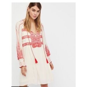 FREE PEOPLE Small WIND WILLOW EMBROIDERY LONG SLEEVE TUNIC DRESS Cream And Red